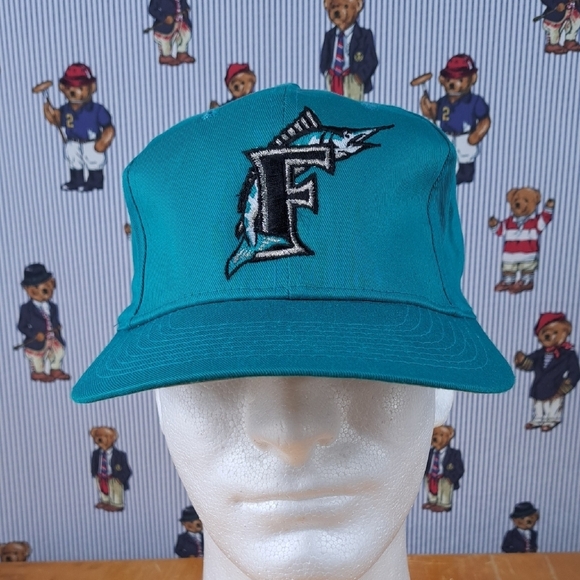 Vintage Florida Marlins stitched logo back spellout turquoise & black snapback - Picture 1 of 8